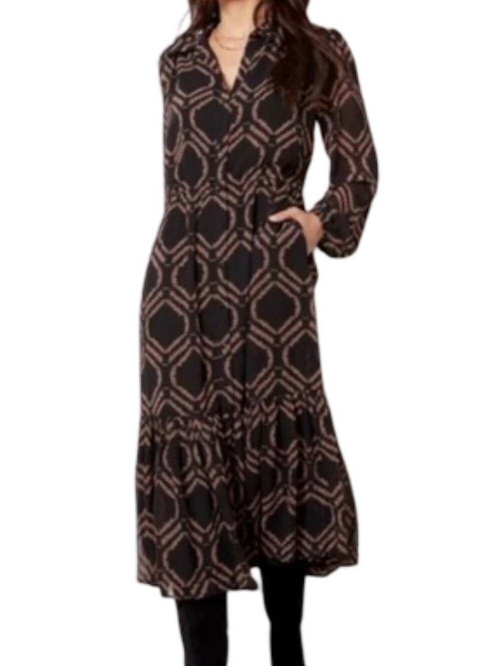 EVEREVE Geometric Link Button Front Bishop Sleeve Midi Dress Black Taupe XS